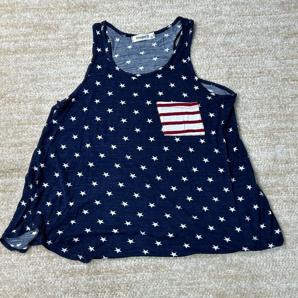 Ginger G Tank Top Womens M Star Print Pocket Rayon Navy USA Made Sleeveless